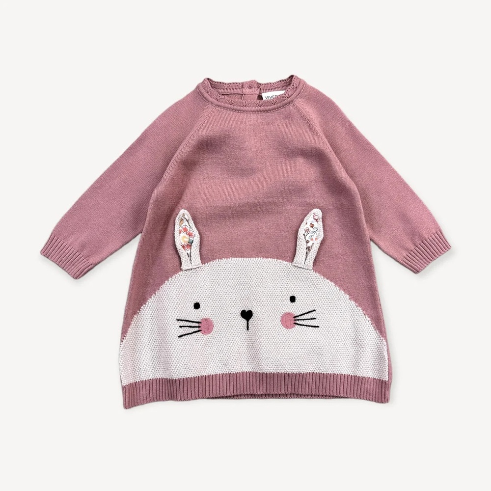 Viverano Bunny Jacquard Knit Baby Girl Dress (Organic Cotton)